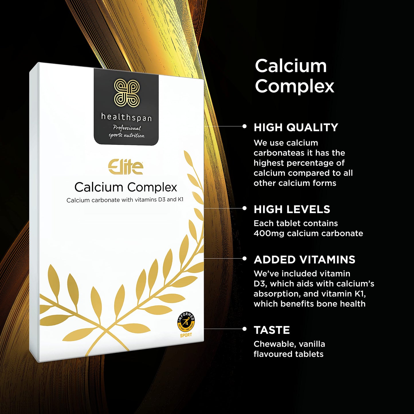 Healthspan Elite Calcium Complex 1,200mg | 120 Tablets | All Blacks Official Partner | Added Vitamin D3 and Vitamin K1 | Bone Health | Vanilla Chewable Tablets | Informed Sport Accredited | Vegetarian