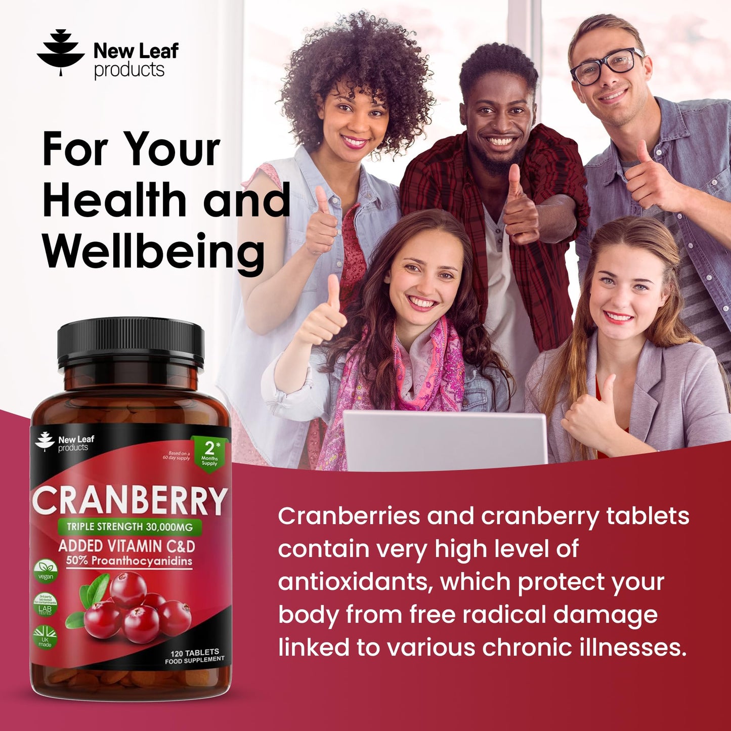 Cranberry Tablets Triple Strength 30,000mg - 120 Cranberry Supplements Enriched with Vitamin C & D - Cranberry Supplements for Women and Men - Vegan Cranberry Tablets Made in UK by New Leaf