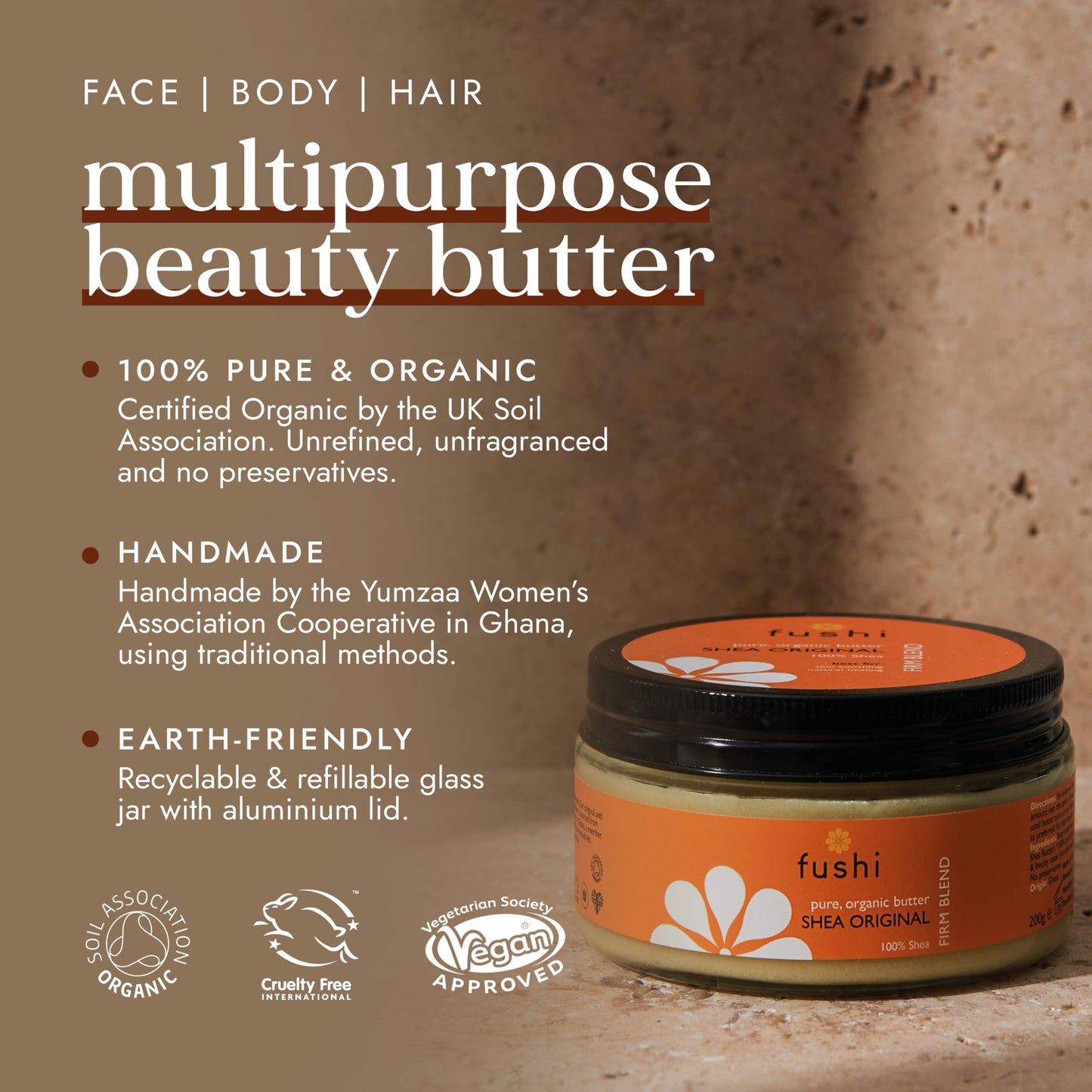 Fushi Organic Shea Butter 200g | Creamy, Handmade & 100% pure | Vitamins A, E & F | Unrefined, Fresh-Pressed For Skin Soothing, Natural Healing & Moisturising | Ethical & Vegan | Made in the UK