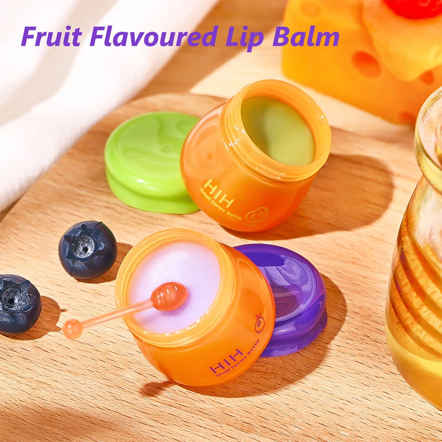 HERBENJOY Lip Balm Set, Moisturizing Lip Balm Multipack Fruity Flavoured Chapstick, Honey Bottel Shape Hydrating Lip Mask - Peach, Blueberry, Strawberry, Avocado Lip Balms For Moisturize Anti-Cracking