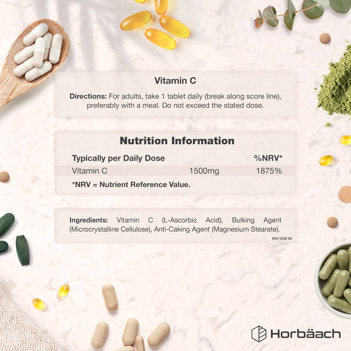 Horbäach Vitamin C Tablets 1500mg | 180 Count | High Strength Ascorbic Acid | Suitable for Vegetarians and Vegans | by Horbaach