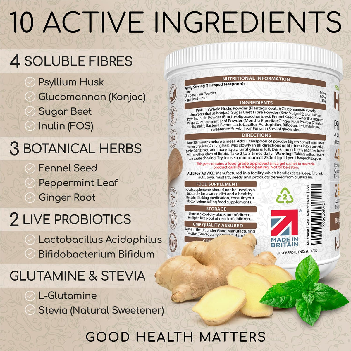 Kula Nutrition HappyBowel - Soluble Fibre Supplement - Dietary Fibre Powder - Psyllium Husk, Inulin FOS, Glucomannan, Beet, L-Glutamine, Peppermint, Prebiotics and Probiotics for Gut Health - Mix with Water - 180g