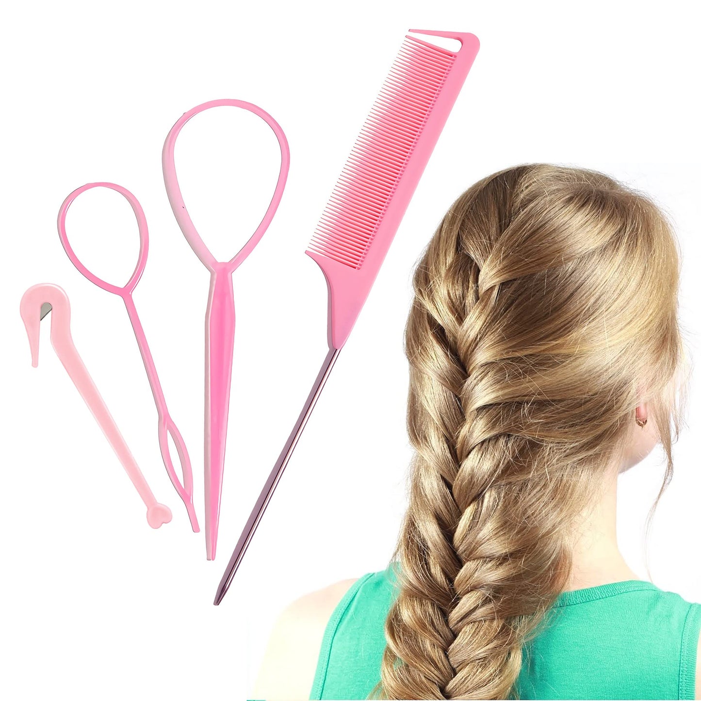 IRYNA 4Pcs Topsy Tail Hair Tool Hair Looping Tool Hair Braiding Tool with Rat Tail Comb, Ponytail Loop Hair Bands Remover Cutter Fast Hair Styling Accessories for Hair Braid