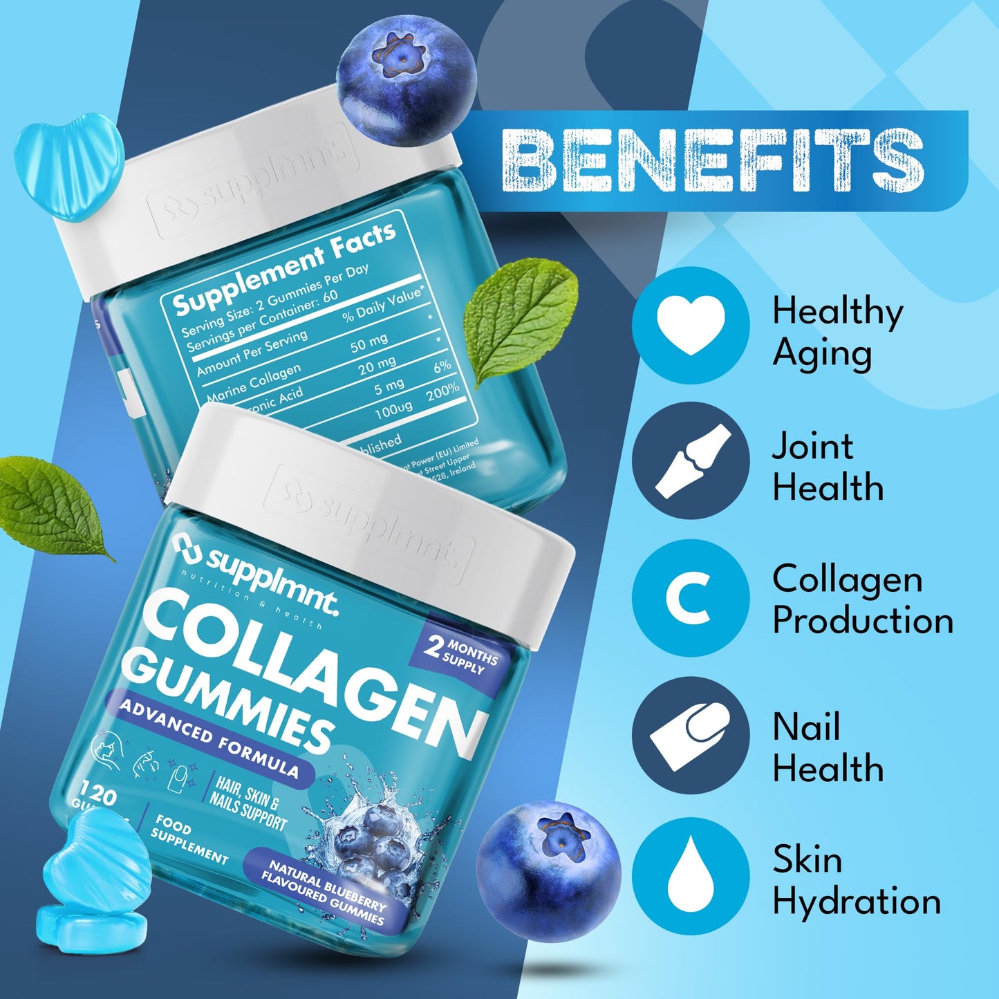 supplmnt. Supplmnt. Marine Collagen Gummies, Hydrolysed Collagen Peptides with Biotin, Hyaluronic Acid & Vitamin C, Supplements for Women & Men, for Skin, Hair & Nails, Blueberry