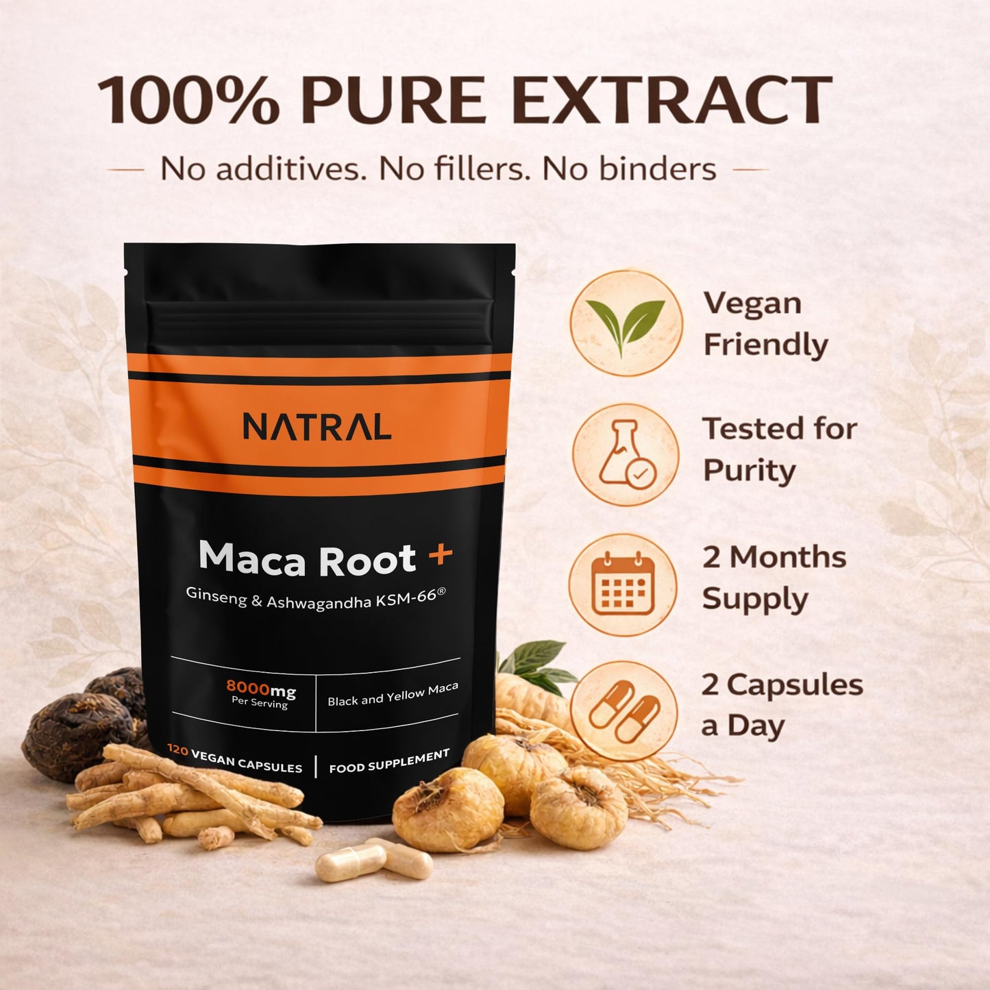 Natral Maca Root Black & Yellow 8000mg Complex enriched with KSM Ashwagandha & Ginseng - 120 High Strength Capsules