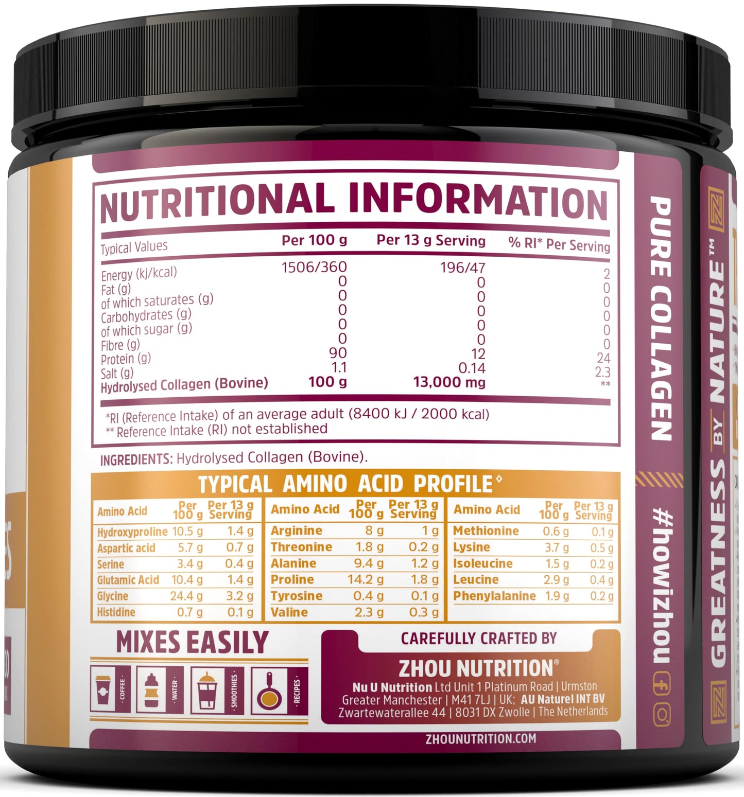 Nu U Nutrition Collagen Powder 500g - Hydrolysed Collagen Peptides Powder - High Protein Bovine Collagen Supplement - Grass Fed, Halal Certified - Rich in Amino Acids - for Hair, Nails & Skin - Zhou Nutrition