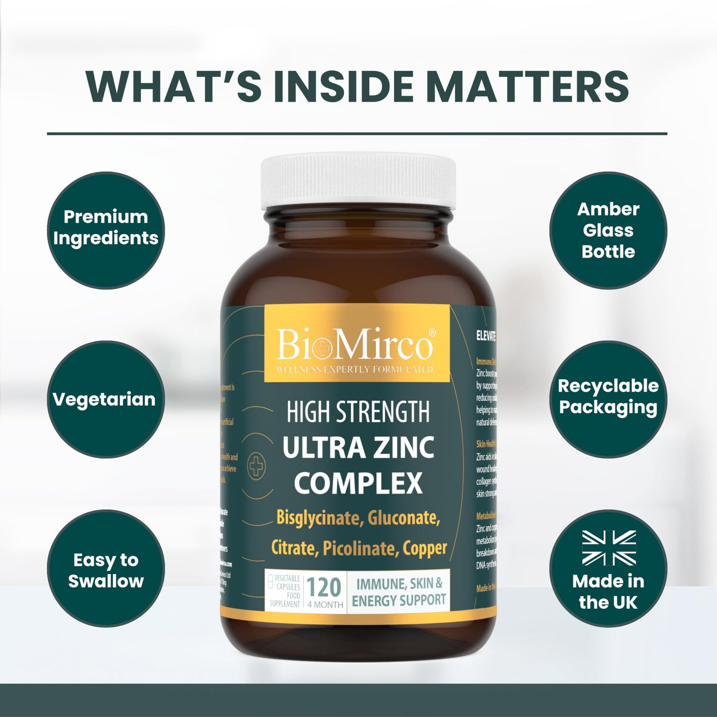 Bio Mirco Zinc Supplements, High Strength Zinc Picolinate, Bisglycinate, Gluconate, Citrate 30mg & Copper Complex, Immune System & Cognitive Function, Zink Supplement for Men & Women, 120 Capsules, UK Made