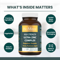 Bio Mirco Zinc Supplements, High Strength Zinc Picolinate, Bisglycinate, Gluconate, Citrate 30mg & Copper Complex, Immune System & Cognitive Function, Zink Supplement for Men & Women, 120 Capsules, UK Made
