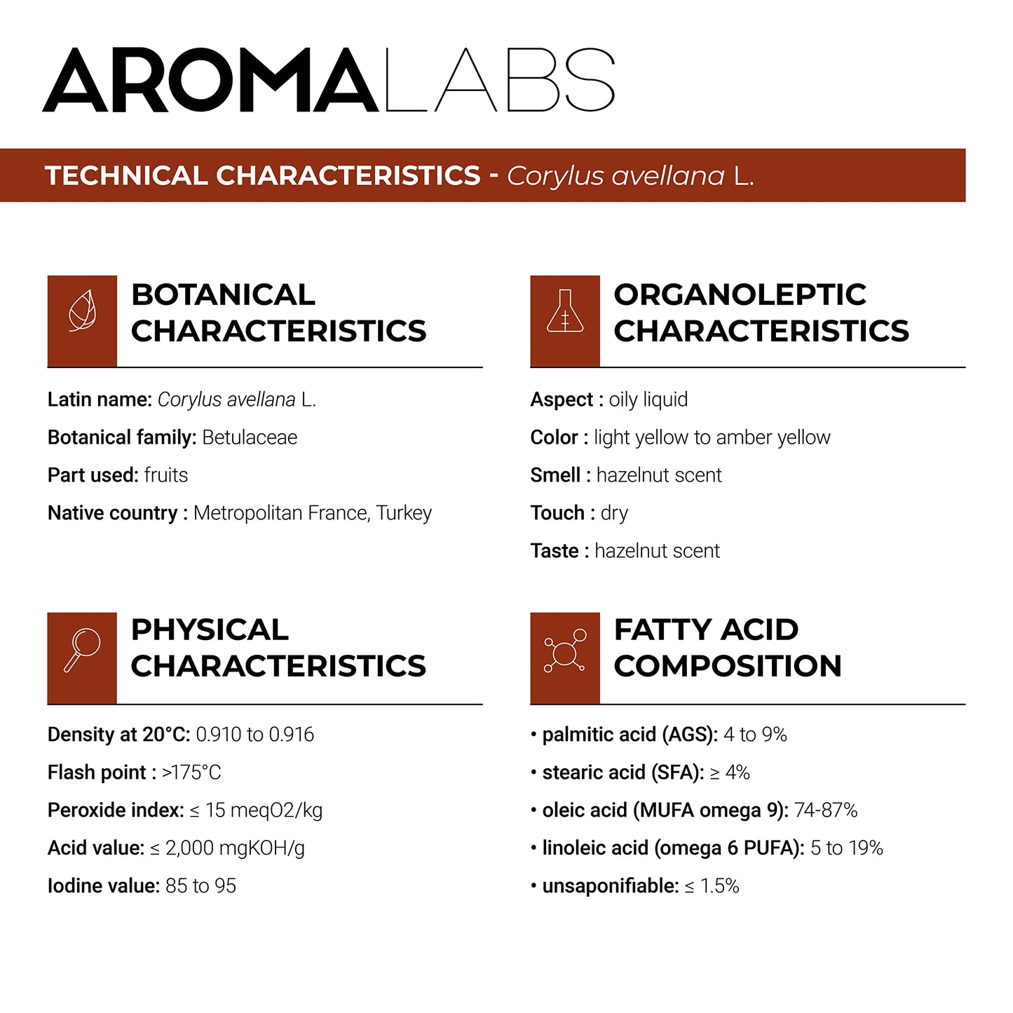 Aroma Labs ORGANIC - HAZELNUT Oil - 250mL - 100% Pure, Natural, Cold Pressed and AB Certified - AROMA LABS (French Brand)