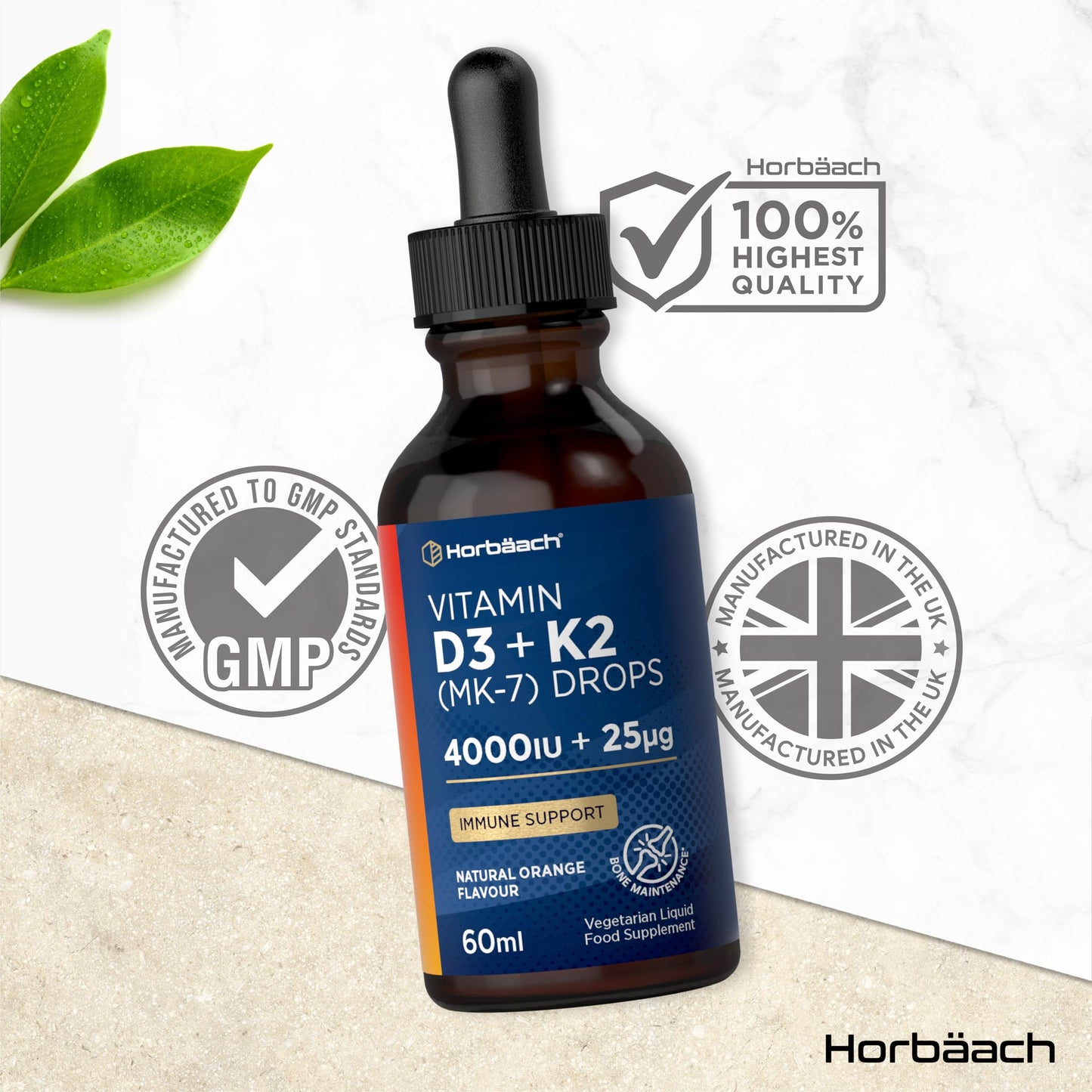 Horbäach Vitamin D3 K2 Drops High Strength | 4000 IU of Vitamin D3 and 25ug of Vitamin K2 MK7 | Orange Flavoured | Suitable for Vegetarians | by Horbaach