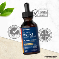 Horbäach Vitamin D3 K2 Drops High Strength | 4000 IU of Vitamin D3 and 25ug of Vitamin K2 MK7 | Orange Flavoured | Suitable for Vegetarians | by Horbaach