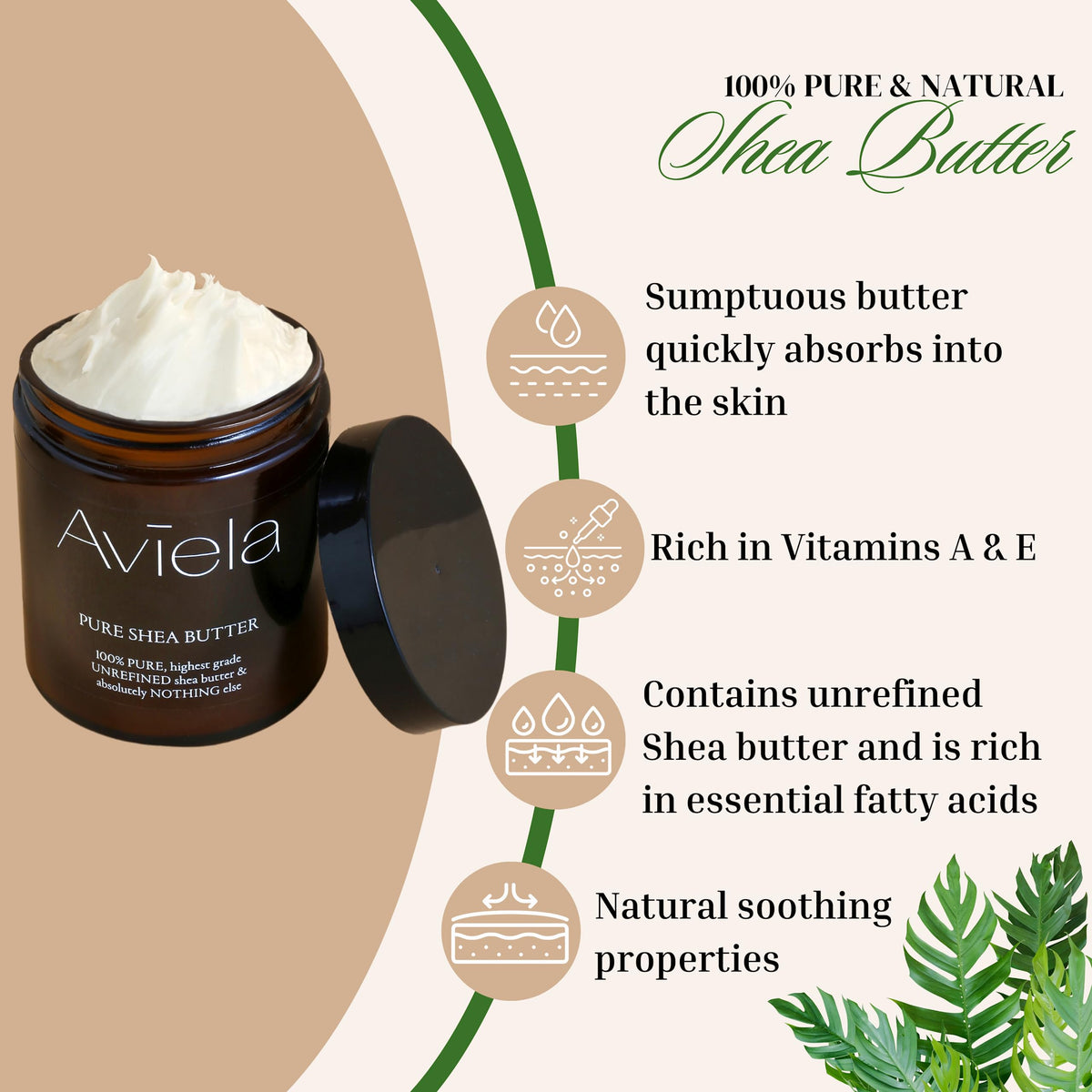 Aviela 100% Pure Shea Butter Face & Body Moisturiser | Intense Hydration & Soft Skin | Suitable for All Skin Types | Vegan & Cruelty Free | 100% Natural Skin Care, 180ml