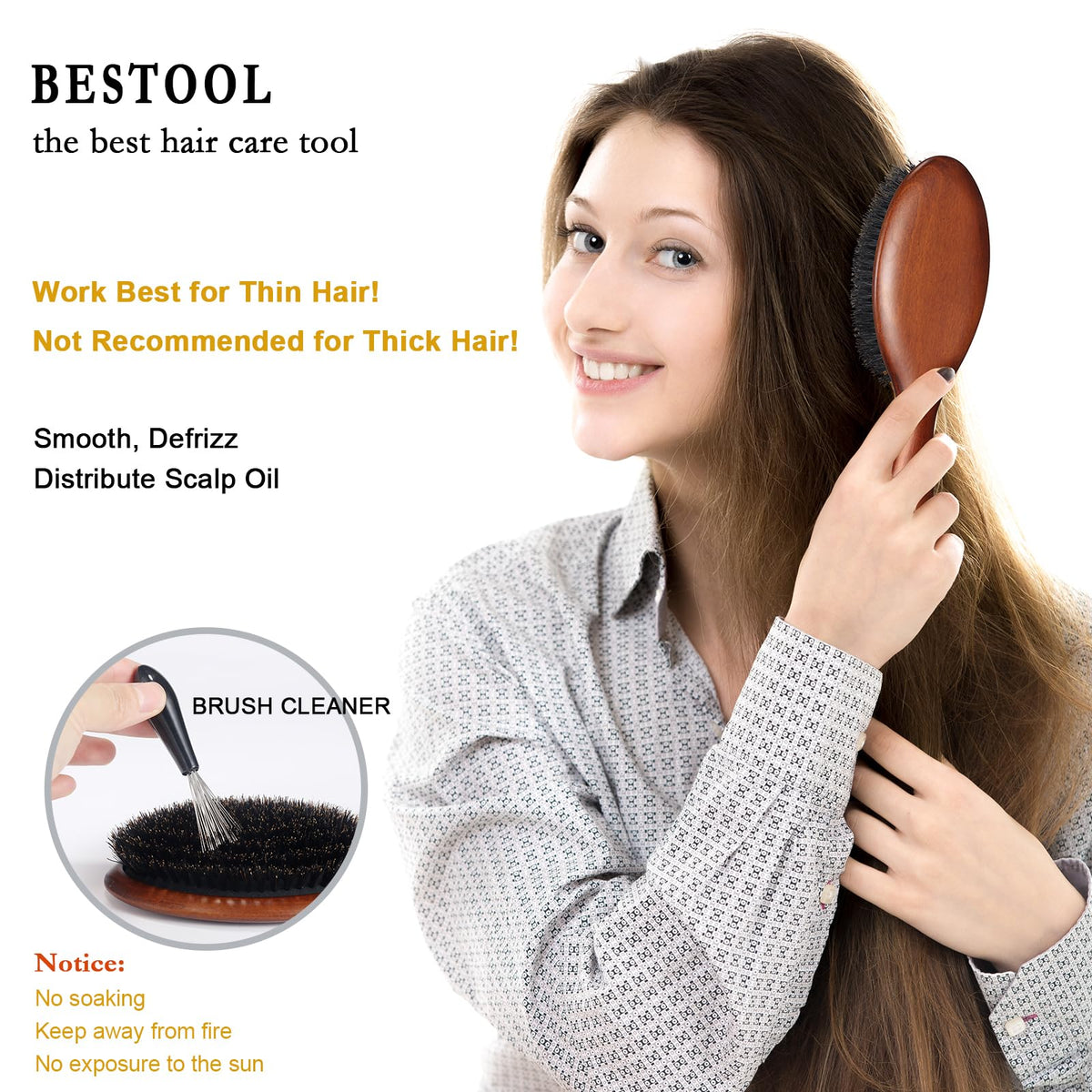 BESTOOL Hair Brush, Boar Bristle Hair Brush for Women Men Children, Beech Paddle Natural Boar Bristle Brush for Thin, Fine Hair, Improve Hair Texture (Beech)