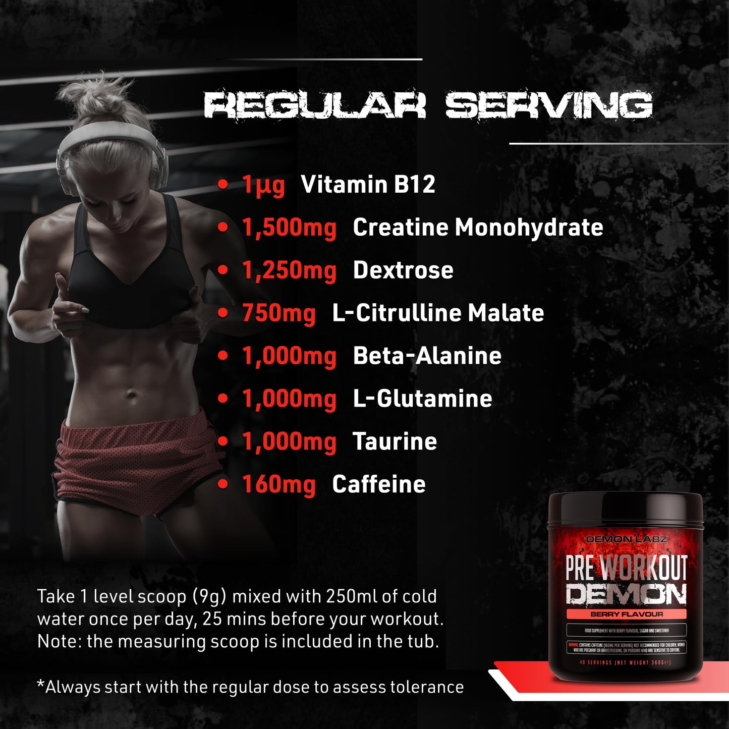 DEMON LABZ Pre Workout Demon - Advanced Pre-Workout Energy Powder with Creatine, Caffeine, Beta-Alanine & Glutamine, Berry Blast, 360g - 40 Servings