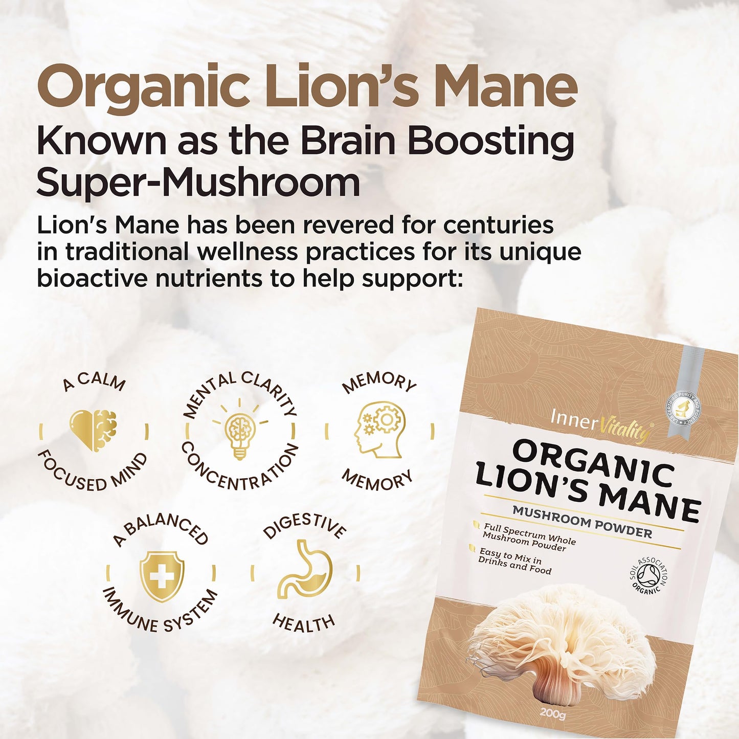 Organic Lions Mane Mushroom Powder 200g - High Strength Full Spectrum Fruiting Body Mushroom Supplement to Support Brain & Mental Performance by Inner Vitality (Large)