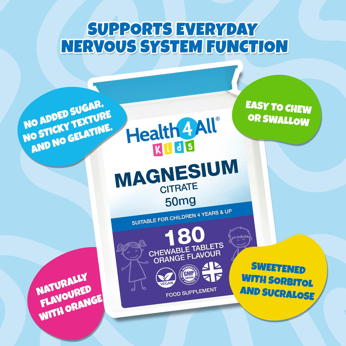 Health4All Kids Magnesium 180 Chewable Tablets for Children 4+, Sleep & Stress Support