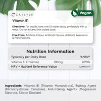 Vitamin B1 Thiamin 100mg Tablets | 100 Count (3+ Months Supply) | High Strength VIT B1 Thiamine Supplement | No Artificial Preservatives | by Carlyle