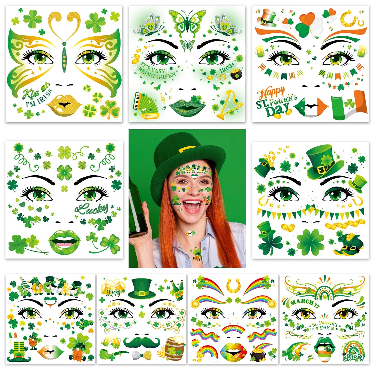 HOWAF 9pcs St Patricks Day Accessories Face Tattoos, Shamrock Face stickers Lucky Clover Leprechaun Irish Temporary Tattoos Stickers for St. Patrick's Day Decorations St Patricks Day Outfits Makeup