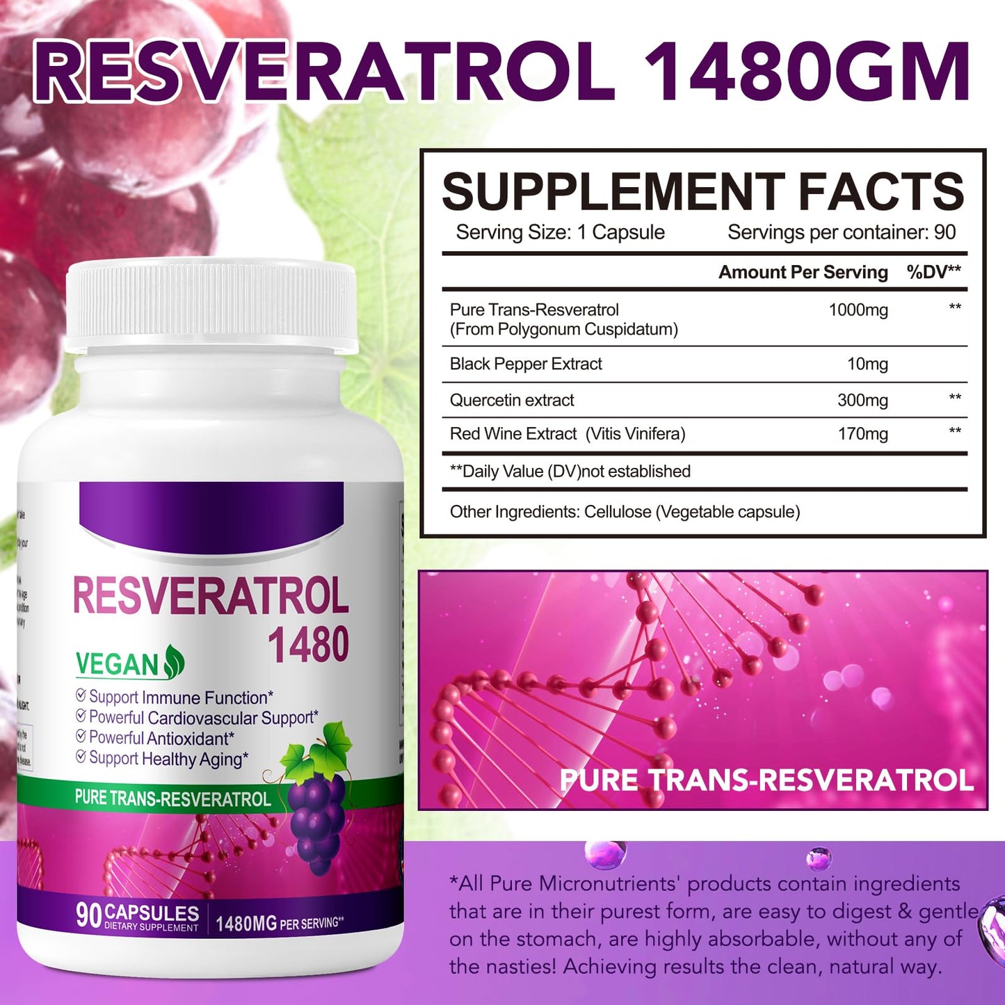 FSLHCY Resveratrol Supplement 1480mg, 90 Capsules High-Potency Trans-Resveratrol Supplement for Heart, Skin, and Anti-Aging Antioxidant