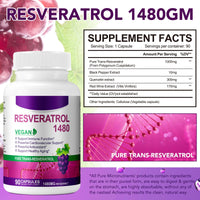 FSLHCY Resveratrol Supplement 1480mg, 90 Capsules High-Potency Trans-Resveratrol Supplement for Heart, Skin, and Anti-Aging Antioxidant