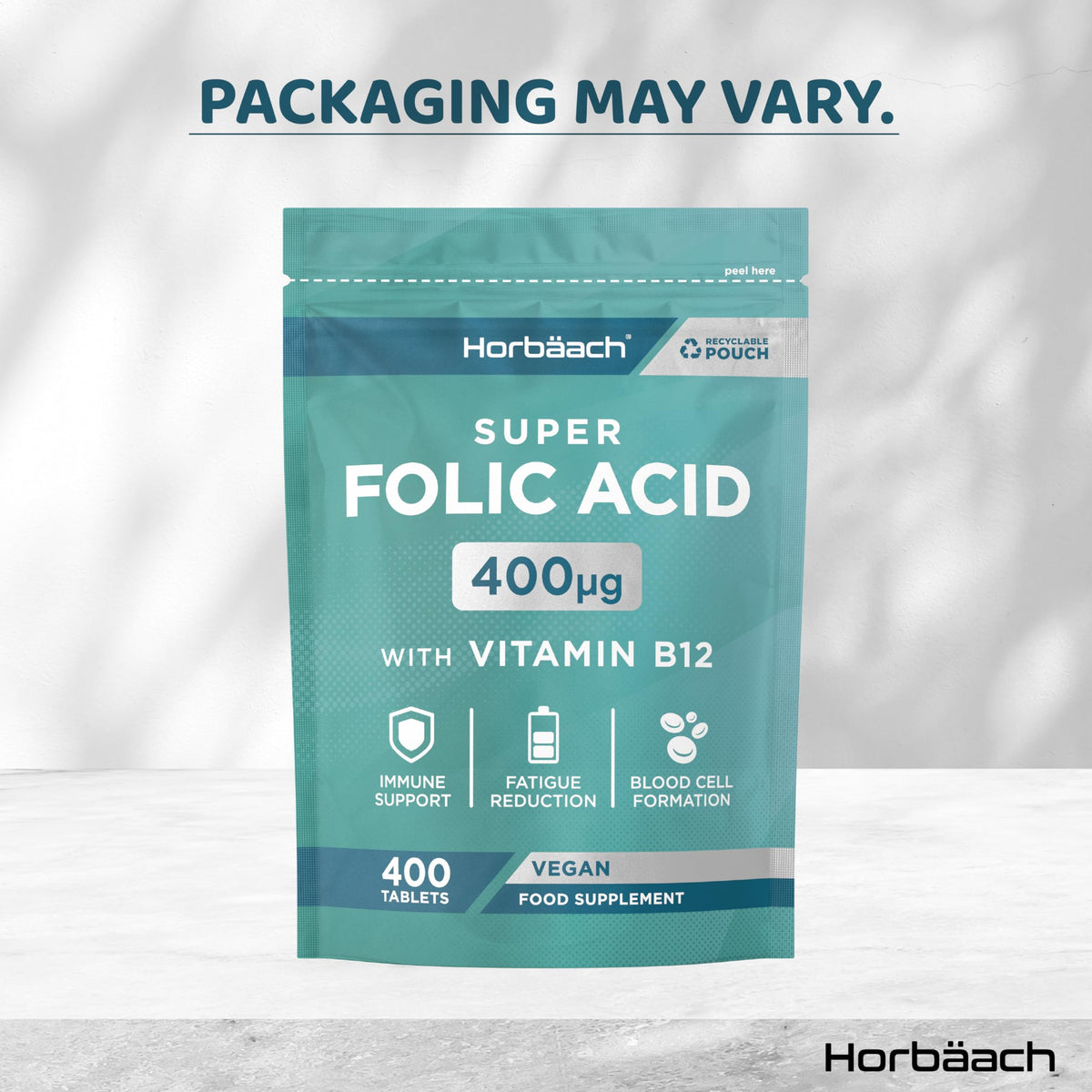 Horbäach Folic Acid Tablets 400mcg | 400 Count (1+ Year Supply) | with Added 5mcg of Vitamin B12 Cyanocobalamin | Pregnancy Support | Suitable for Vegans | By Horbaach