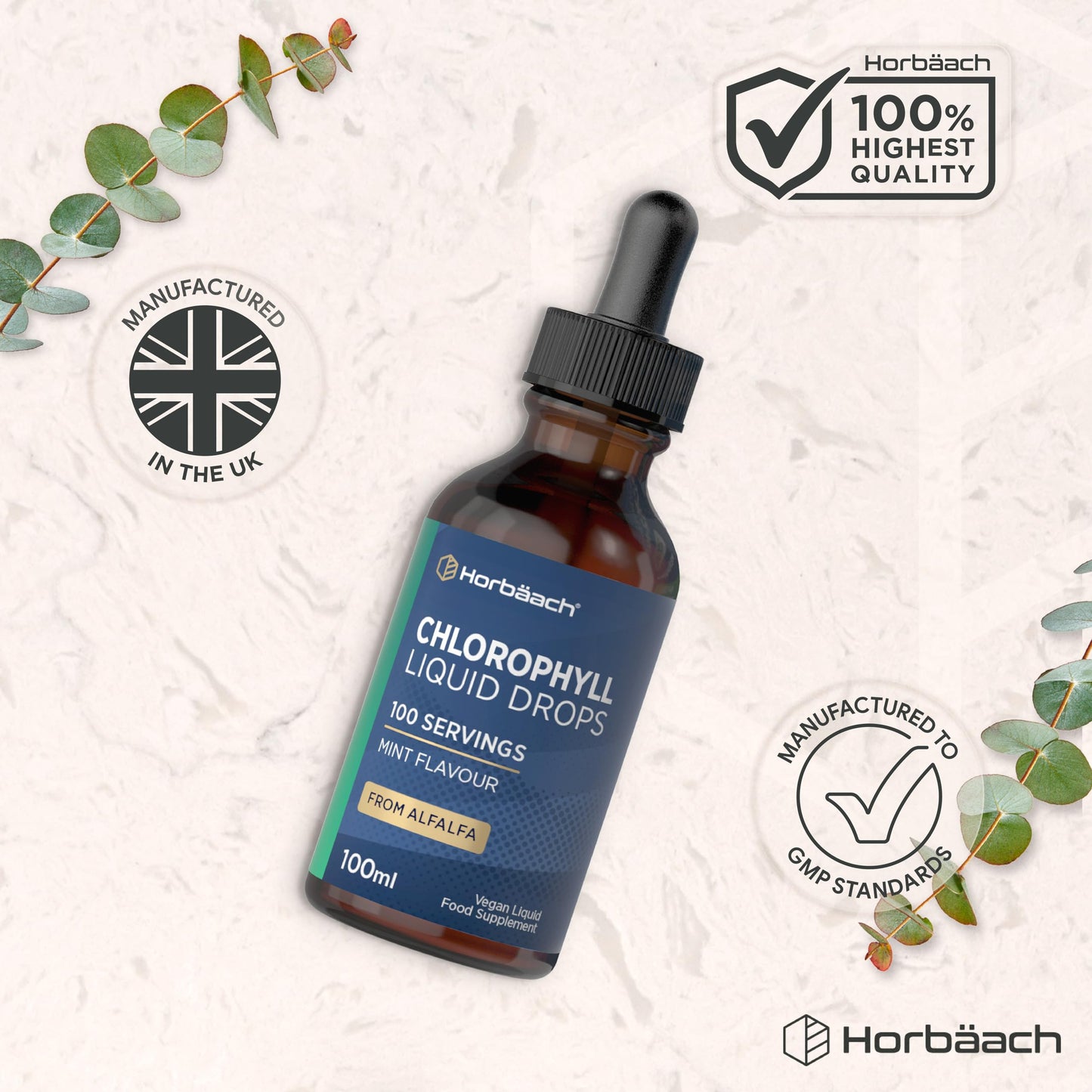 Horbäach Liquid Chlorophyll Drops for Water Extracted from Alfalfa | 100ml - 3+ Months Supply | 100 Servings | Mint Flavour | Vegan Liquid Food Supplement | by Horbaach