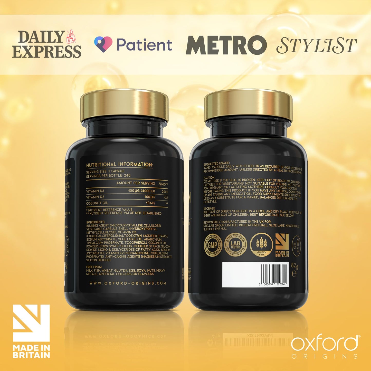 Oxford Organics Vitamin D3 K2 Capsules - 4000 IU Vitamin D & 100mcg Vitamin K MK7 - Boosted with Coconut MCTs for Absorption | 240 High Strength Vitamin D and K2 Capsules | 8 Month Supply | UK Made & Vegetarian