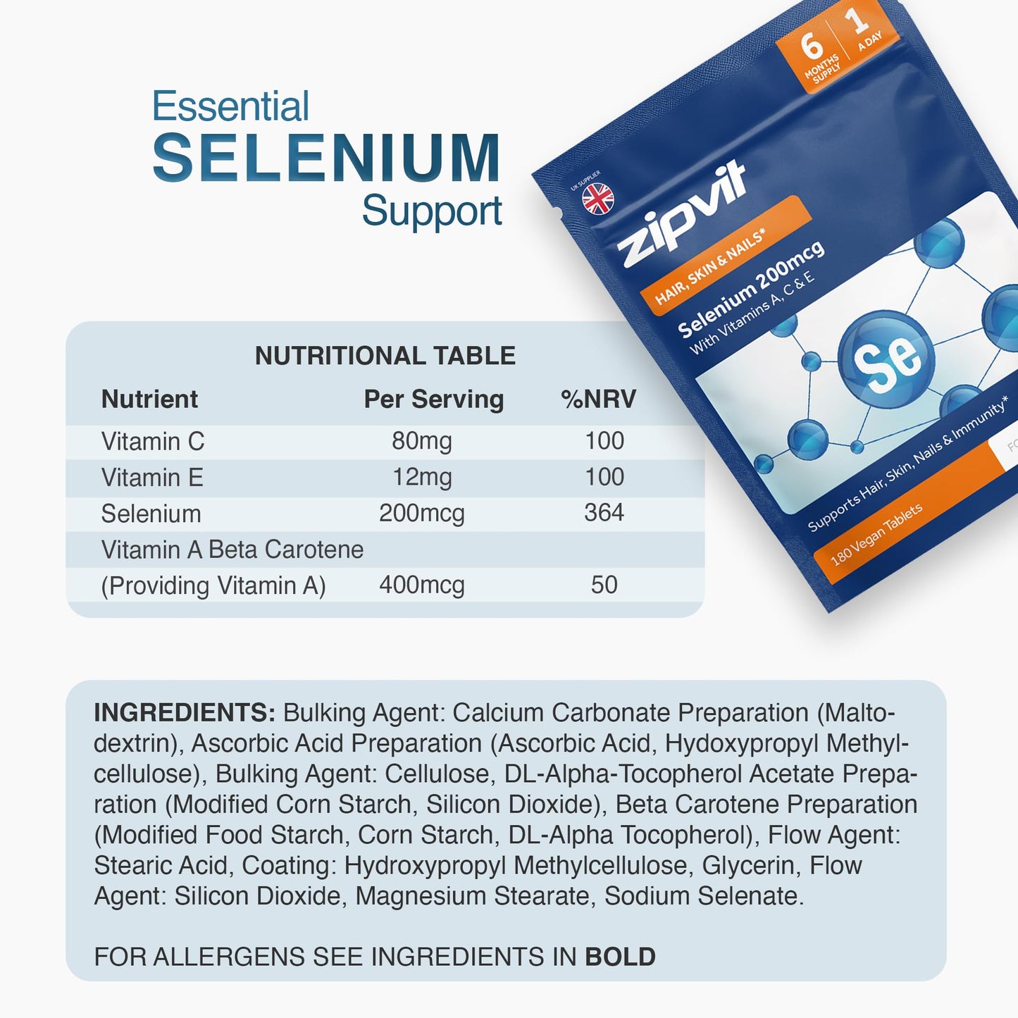 Zipvit Selenium 200mcg with Vitamins A, C, E Pouch. 180 Vegan Tablets. Supports Normal Thyroid, Skin, Hair & Nails, Immune System, and Antioxidant Protection. 6 Month Supply. UK Supplier.