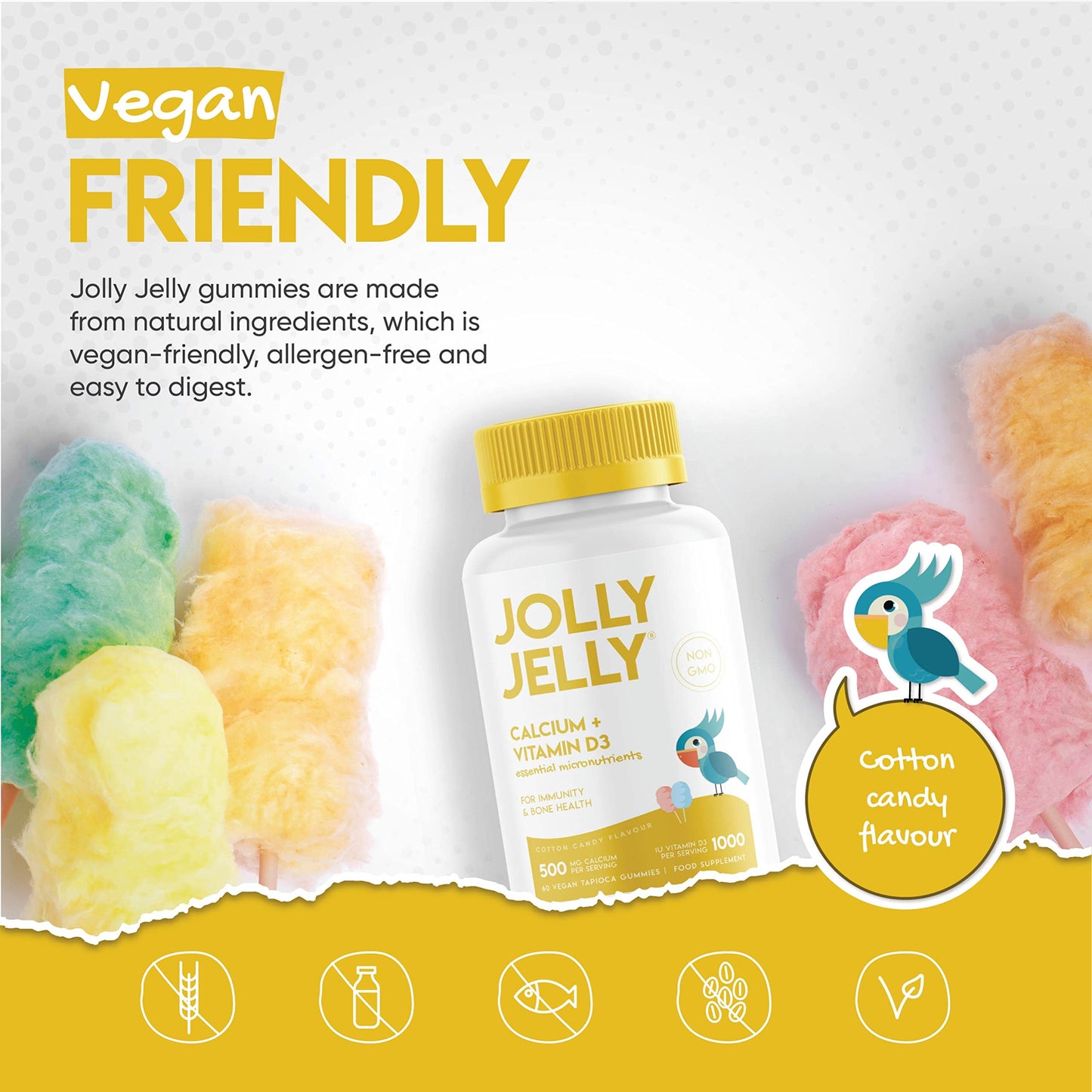 Calcium and Vitamin D3 Tapioca Gummies | 1000IU Vitamin D3 + 500mg Calcium | Immunity & Bone Health | Cotton Candy Flavour | Kosher, Halal, Non GMO | 60 Vegan Gummies.