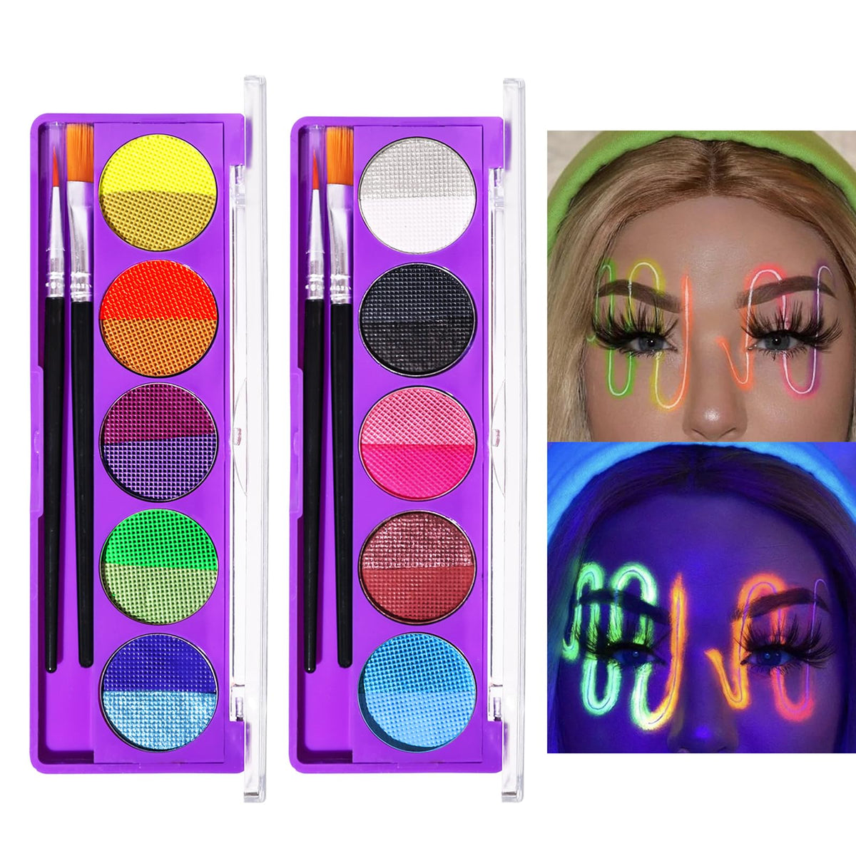 YUDDUO 10 Colors Face Painting Kit With 2 Paint Brushes, Body Paint, Glow in the Dark Face Paint, Water-Based Face Paint For Halloween Party Cosplay Clown Sfx Makeup (02)