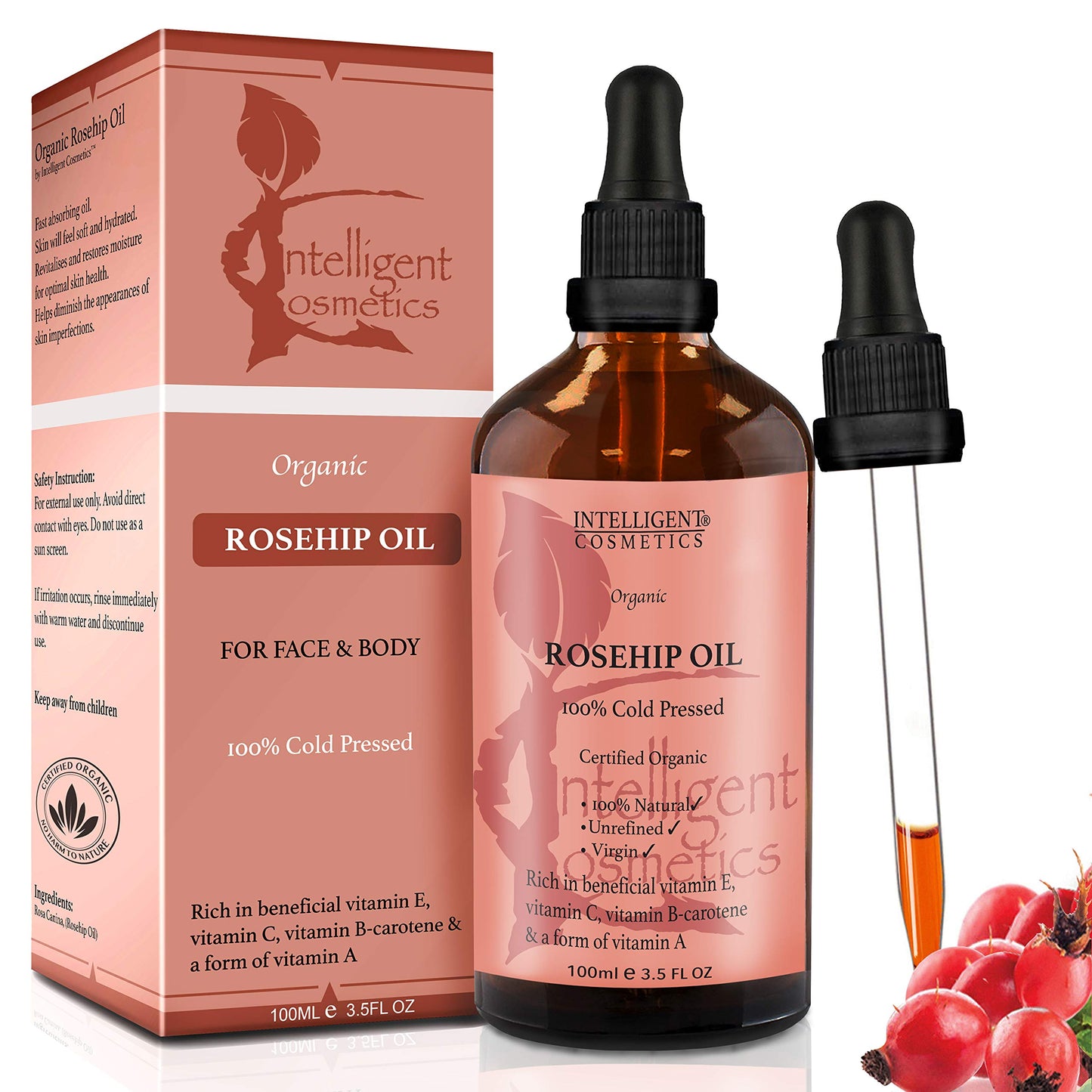 intelligent cosmetics Rosehip Oil 100% Cold Pressed Pure Certified Organic Oil 100ml Best Known Facial Oil with Vitamin E, Vitamin C, B-carotene and a Form of Vitamin A