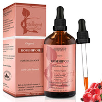 intelligent cosmetics Rosehip Oil 100% Cold Pressed Pure Certified Organic Oil 100ml Best Known Facial Oil with Vitamin E, Vitamin C, B-carotene and a Form of Vitamin A