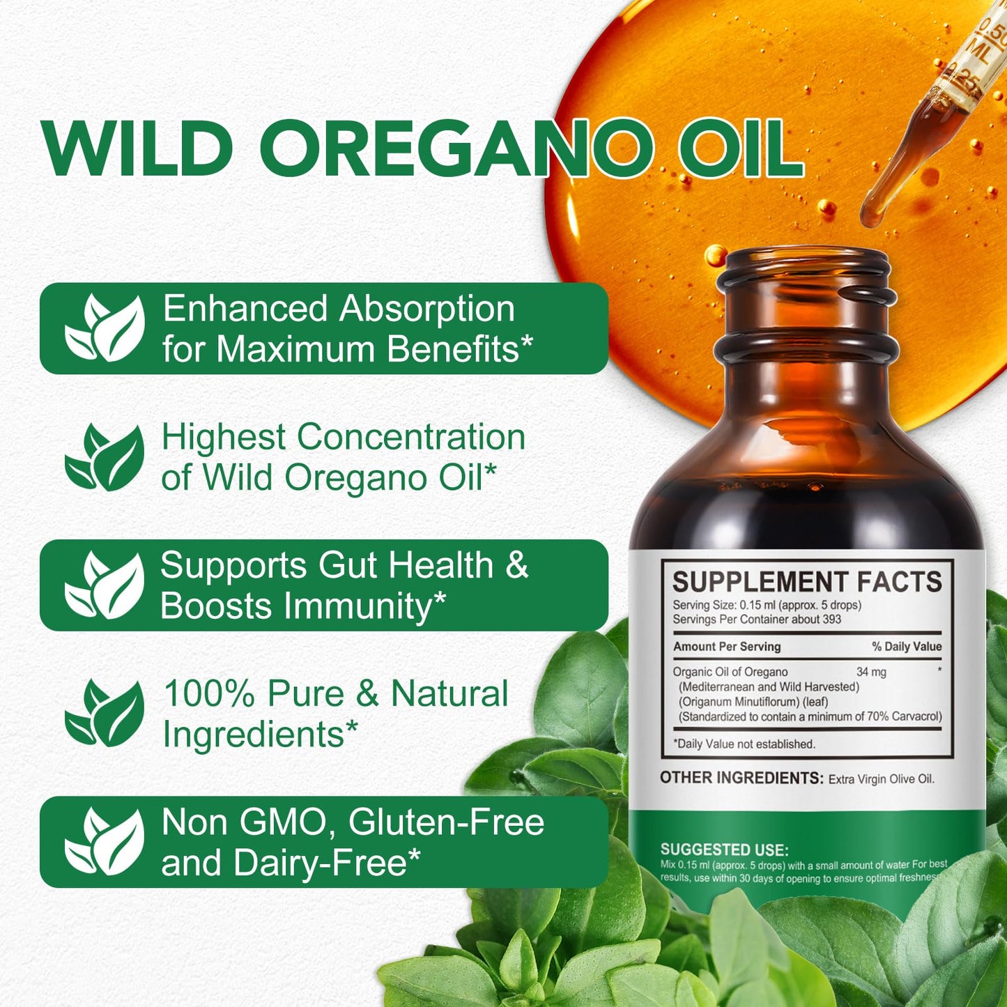 Wild Oregano Oil Drops 60ml, 100% Pure Undiluted Organic Oregano Oil Wild Mediterranean Essential Oil of Oregano Liquid Herbal Supplement for Cold, Cough, Immune Support & Gut Health | Vegan, Non-GMO