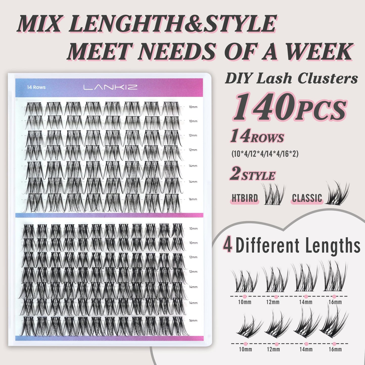 LANKIZ Classic Cluster Lashes, D Curl 140PCS Wide Band Individual Eyelashes 10-16mm Wispy Reusable DIY Lash Clusters for Daily Wear and Events Lankiz