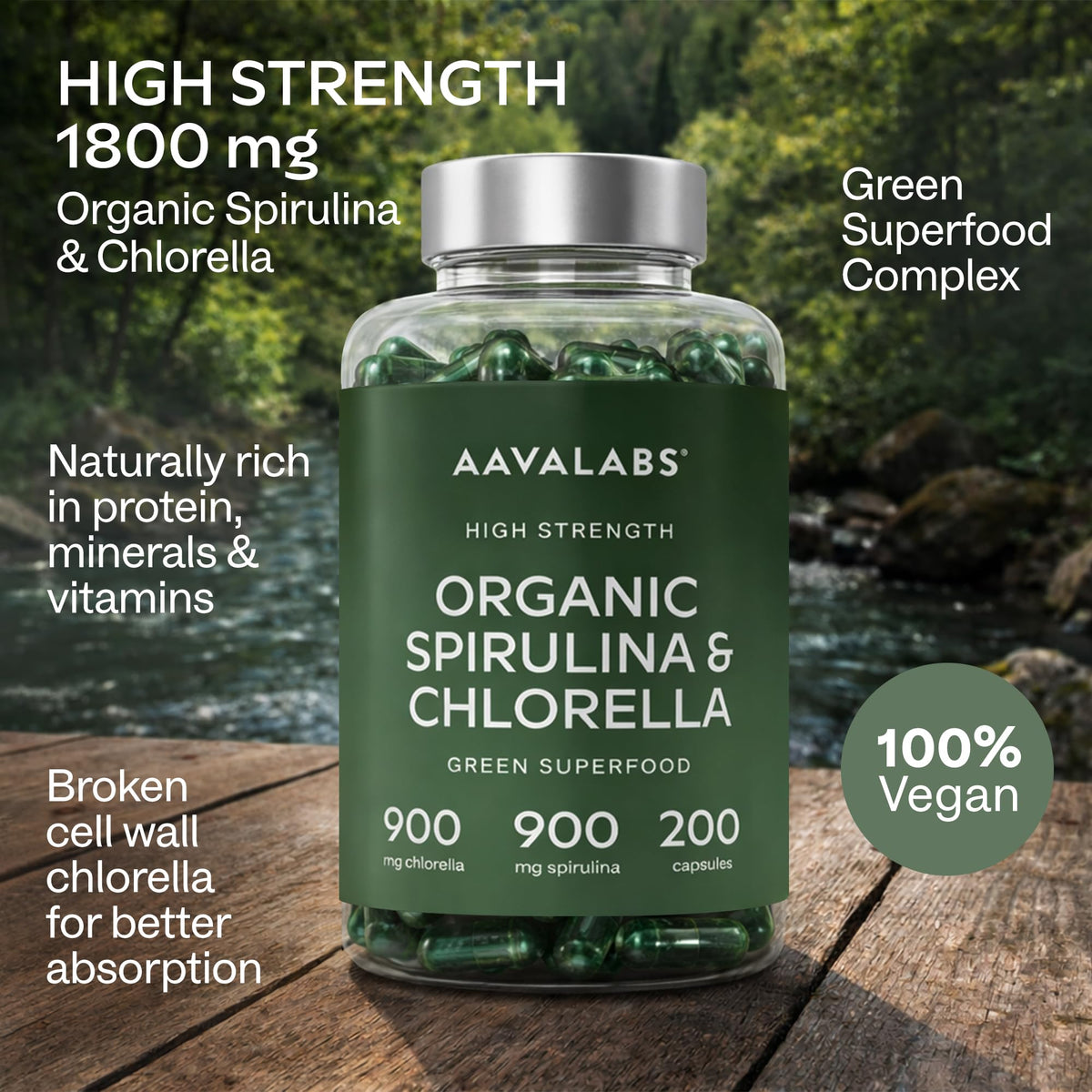 AAVALABS Organic Spirulina and Chlorella Capsules - Spirulina Powder and Chlorella Powder - Broken Cell Wall - 1800mg per Serving - 200 Capsules - Vegan