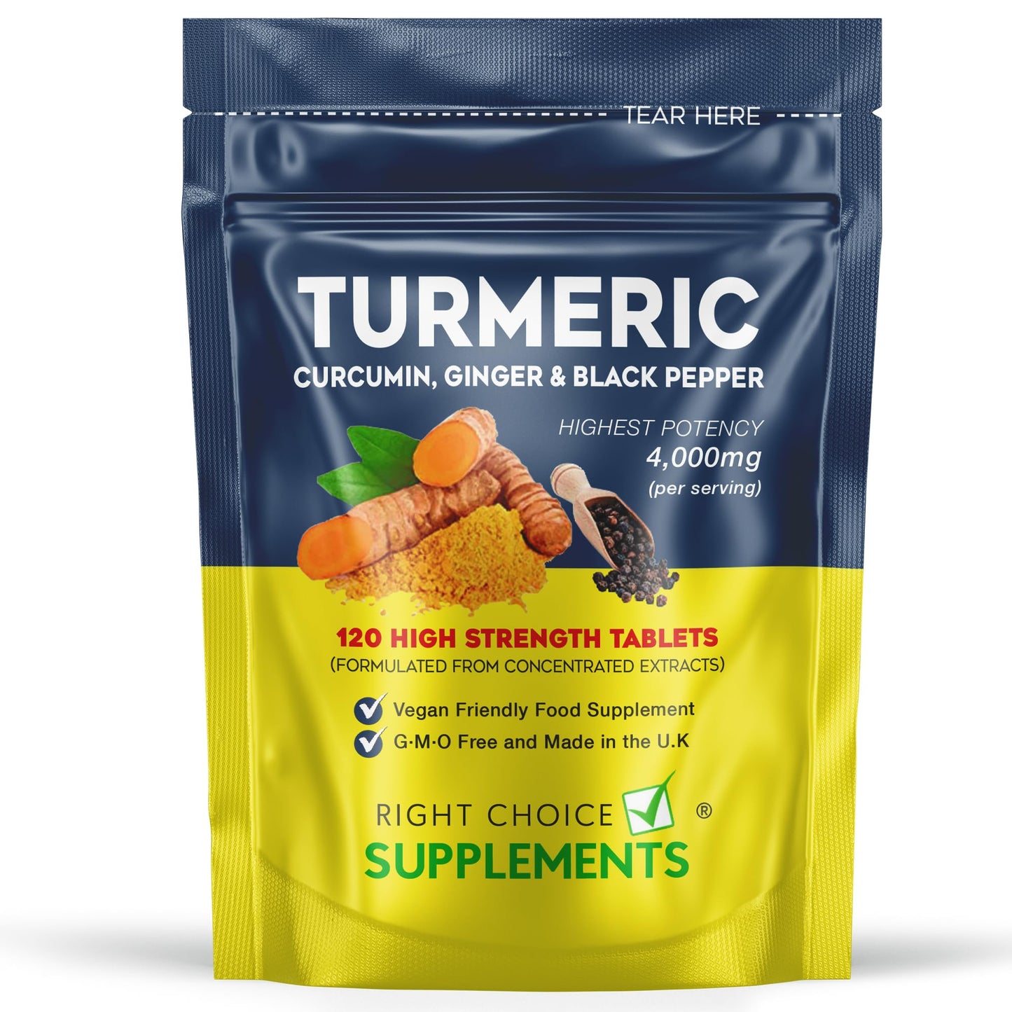 Right Choice Supplements Turmeric, Ginger & Black Pepper 4000 mg Tablets (per Serving), High Strength Curcumin Supplements, Vegan and Gluten Free, UK Made, 120 Count