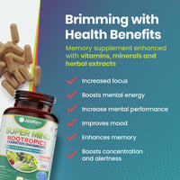JeaKen - Super Mind Nootropics Supplements, Beetroot Capsules with Rhodiola Rosea, Lions Mane, L-Theanine and More, Boosts Focus, Alertness and Memory, 1200mg per Serving, 60 Vegan Capsules
