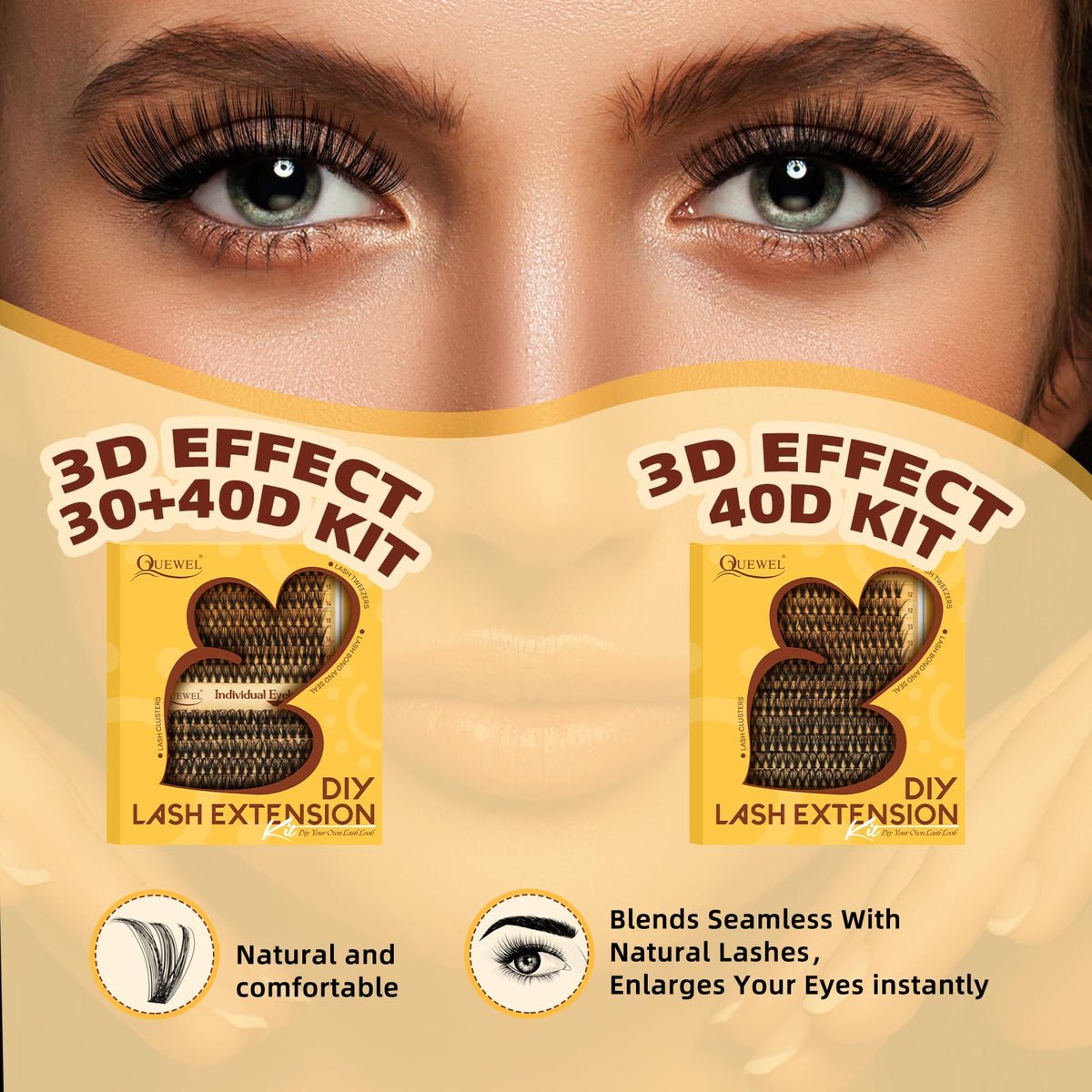 QUEWEL Individual-Eyelashes Kit 280Pcs Cluster Lashes Kit, DIY Lash Extension D Curl Lashes Individual Cluster with Lash Bond and Seal and Lash Tweezers (DJ-30D+40D KIT)