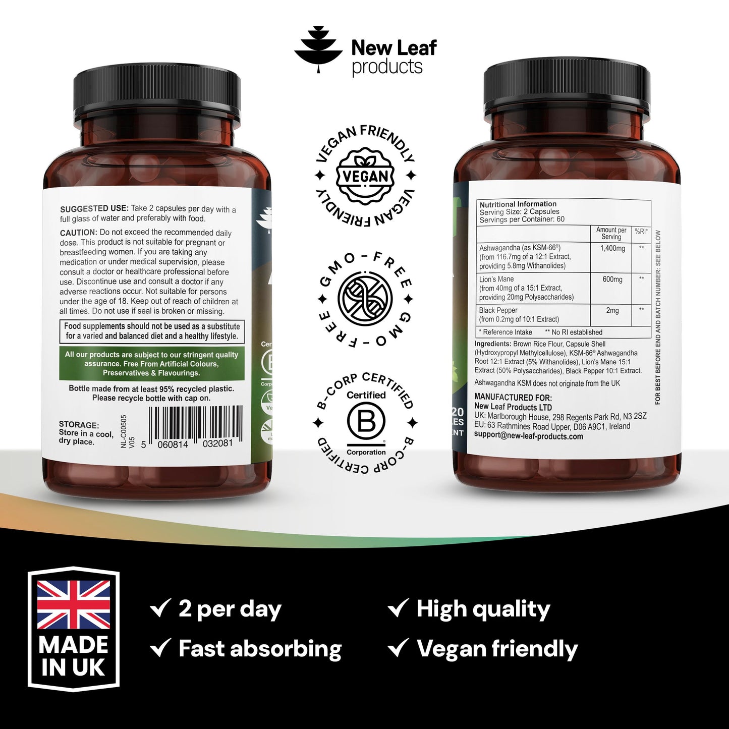 NEW LEAF PRODUCTS Ashwagandha KSM-66 and Lions Mane Capsules - High Strength 2000mg KSM-66 Ashwaghandha Root Extract and Lions Mane Mushroom Extract - 120 Vegan Capsules with Black Pepper - UK Made by New Leaf