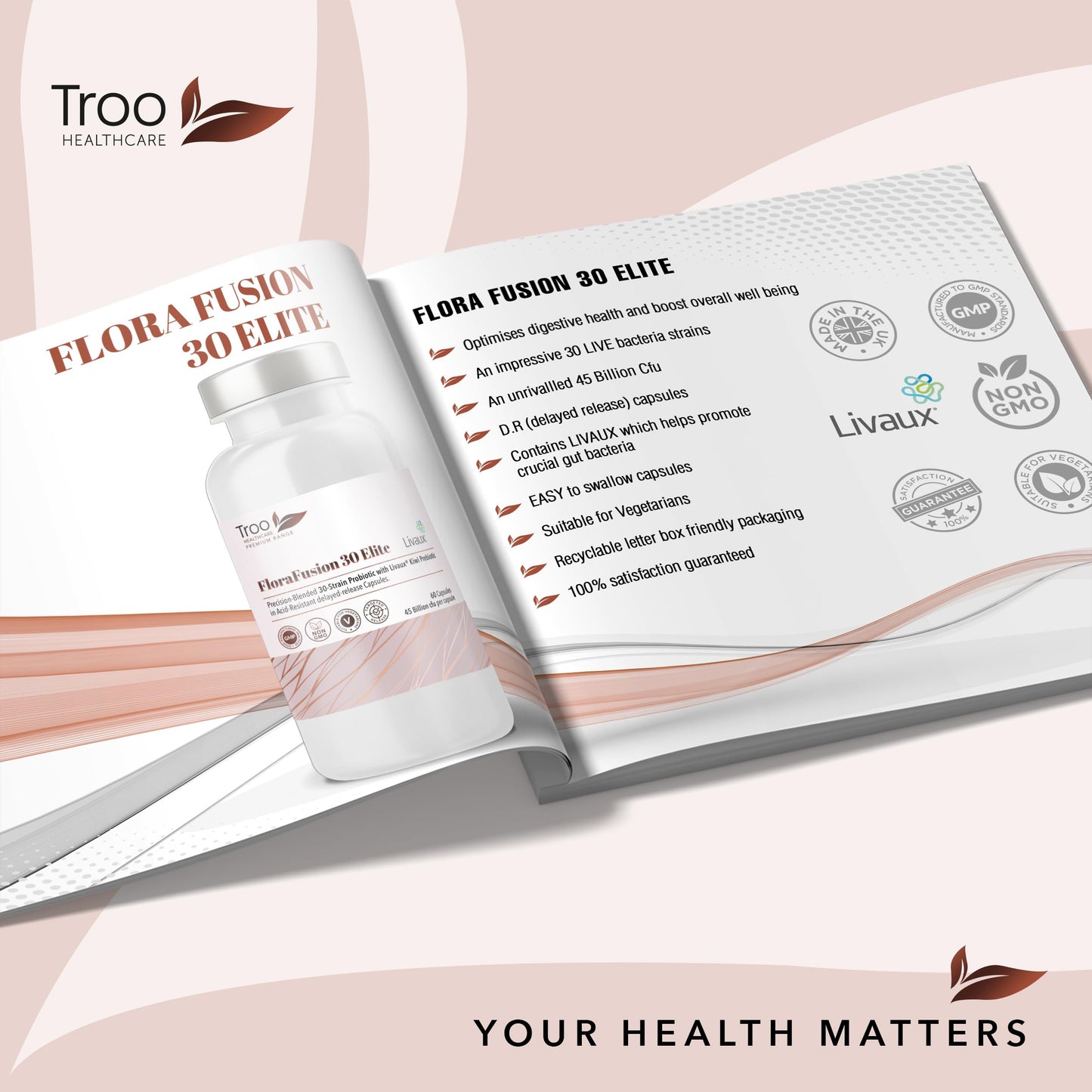 FloraFusion 30 Elite Advanced Probiotic and Livaux Prebiotic Active Cultures Supplement - 60 Capsules - 30 probiotics Strains with 45 Billion CFU Per Capsule (45 Billion CFU)