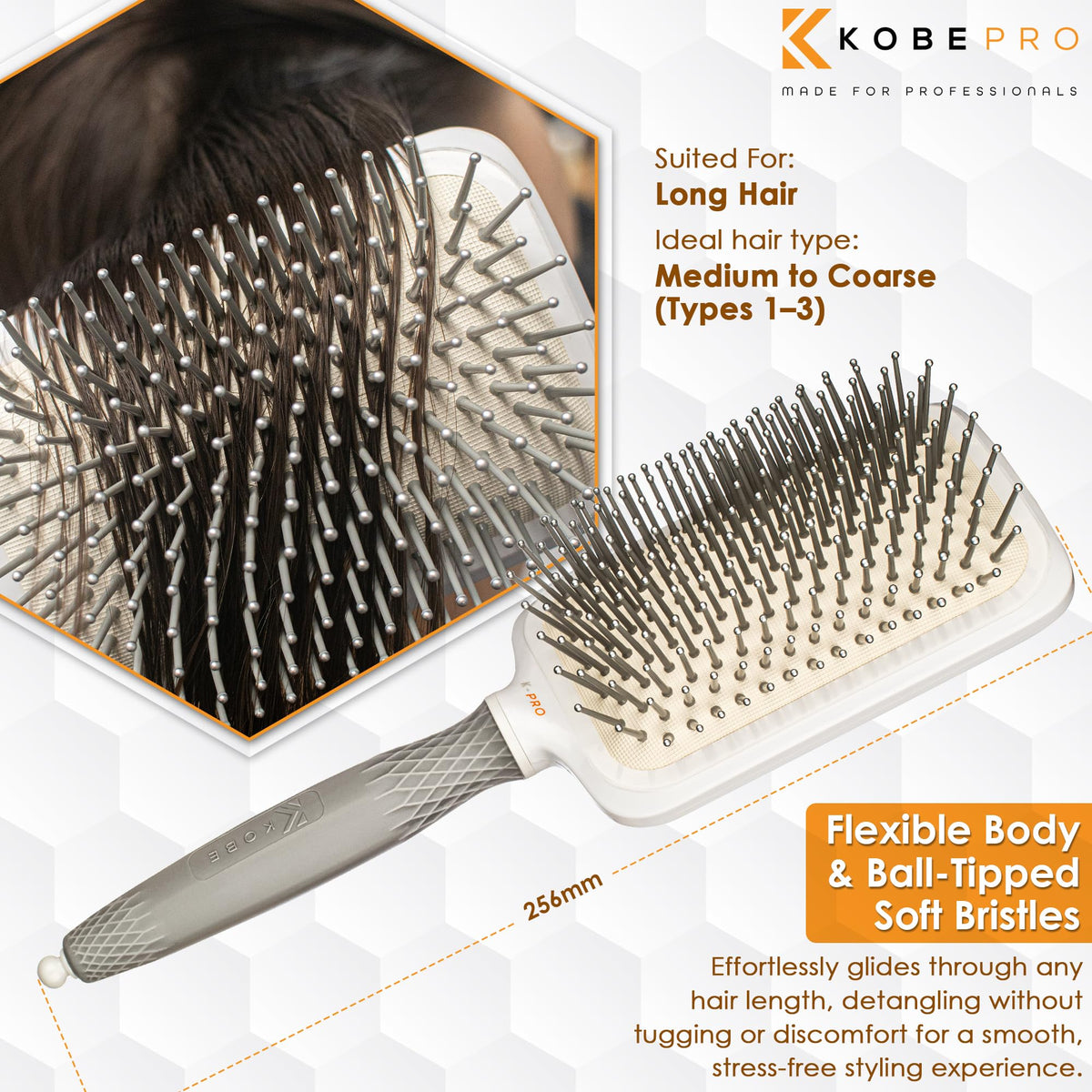 Kobe K-Pro Detangling Paddle Brush - Scalp Massager for Wet/Dry Hair - CushionFlex Technology - Pain-Free Knot Removal - Type 1-4 Hair & Extensions - Ideal for daily use
