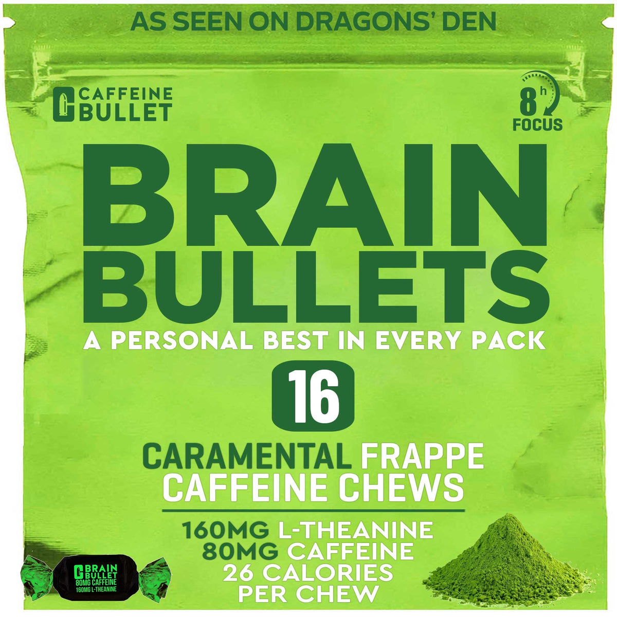 Caffeine Bullet 80mg Caffeine & 160mg L-Theanine Focus Enhancing Energy Chews – 8-Hour Focus Nootropic Stack, Mental Acuity & Cognitive Support | Mint Matcha Flavor, 4 Pack