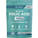 Horbäach Folic Acid Tablets 400ug | 400 Count | Super Strength Vegan Supplement with Vitamin B12 Methylcobalamin | No Artificial Preservatives | by Horbaach