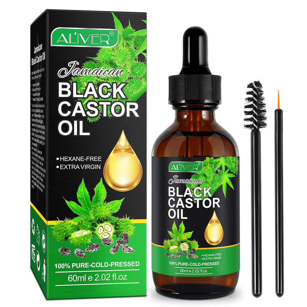 ALIVER Jamaican Black Castor Oil, 60ml, Organic Body Massage Castor Oil, 100% Pure Natural Castor Oil for Hair Growth, Body Care, Eyelashes & Eyebrows, Moisturizing Massage Oil