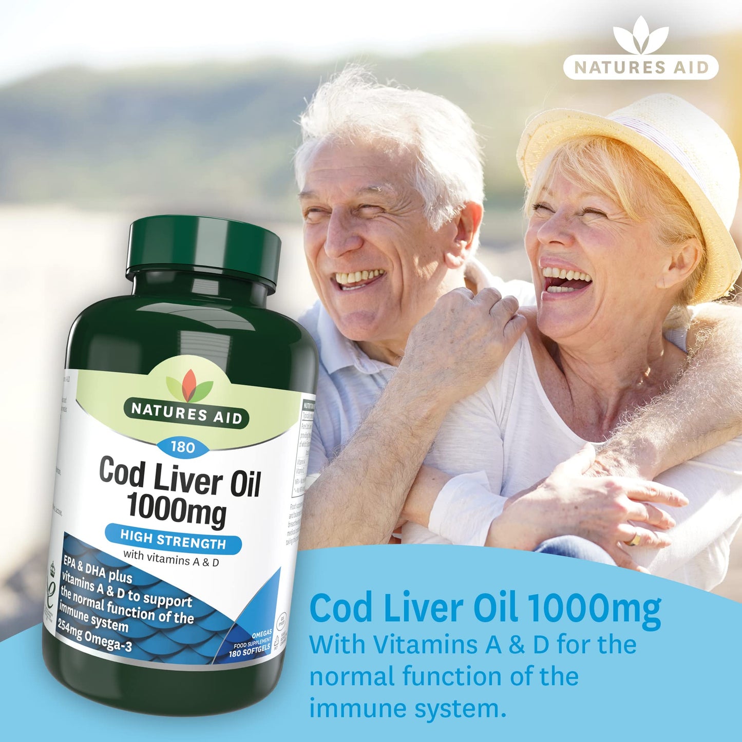 Natures Aid Cod Liver Oil 1000mg Softgels – High Strength Omega-3 Fish Oil with Vitamins A & D – Supports Immune System, Heart Health, Brain, Vision, Joints – Non-GMO – 180 Capsules