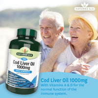 Natures Aid Cod Liver Oil 1000mg Softgels – High Strength Omega-3 Fish Oil with Vitamins A & D – Supports Immune System, Heart Health, Brain, Vision, Joints – Non-GMO – 180 Capsules