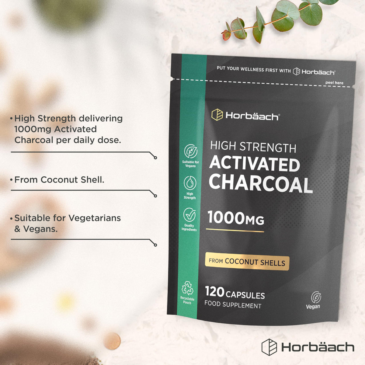 Horbäach Activated Charcoal Capsules | High Strength 1000mg | Supplement from Natural Coconut | 120 Vegan Tablets | by Horbaach