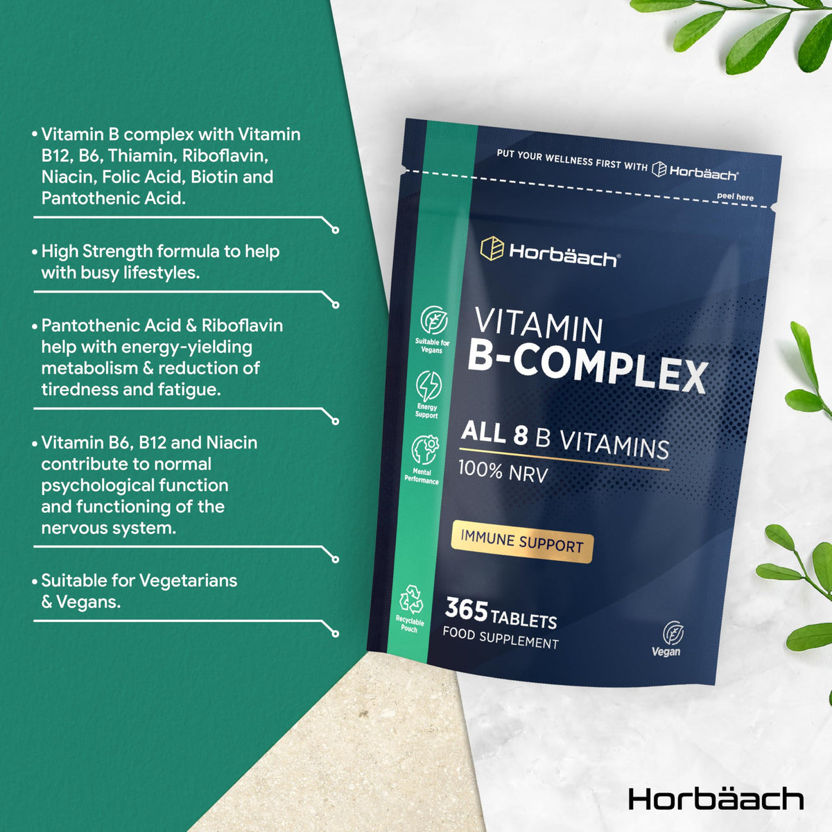 Horbäach Vitamin B Complex High Strength | 365 Tablets (1 Year Supply) | All 9 B Vitamins | Vitamin B1, B2, B3, B5, B6, B12, Choline, Folic Acid & Biotin | Vegan | by Horbaach