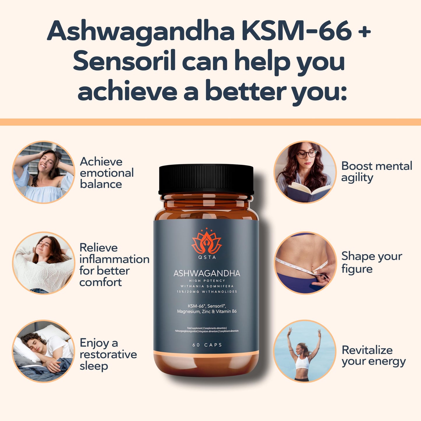 QSTA Ashwagandha KSM 66 + Sensoril (15-20% Withanolides) Cortisol Reducing Supplements for Deep Sleep, Energy, Concentration and Stress Relief. 2 Month Supply Ashwagandha High Strength KSM 66 Capsules