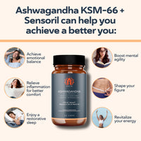 QSTA Ashwagandha KSM 66 + Sensoril (15-20% Withanolides) Cortisol Reducing Supplements for Deep Sleep, Energy, Concentration and Stress Relief. 2 Month Supply Ashwagandha High Strength KSM 66 Capsules